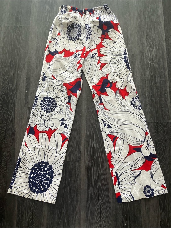 Pants - Vintage 60s 70s Flower Power Red, Navy & White Graphic Print Wide Leg Pants